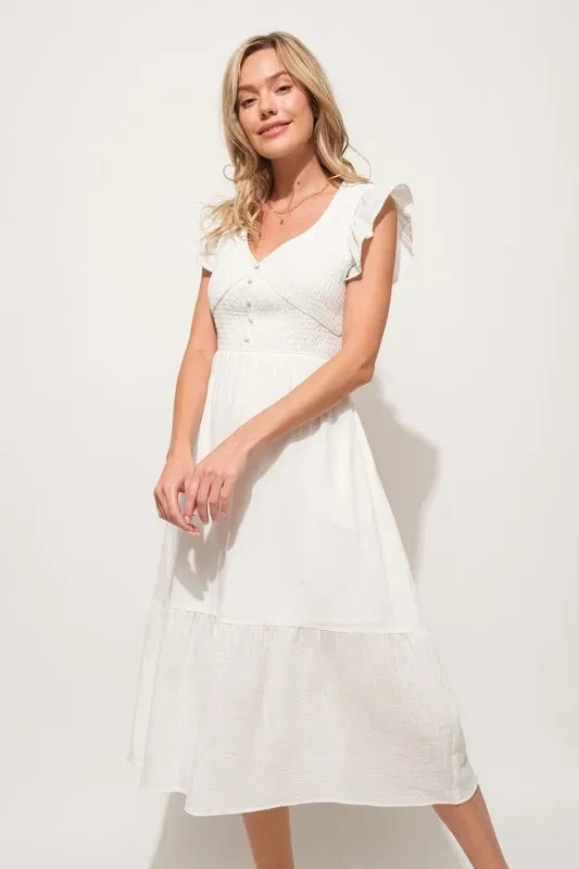 Ruffle Sleeve Front Smocked Tiered Midi Dress - Eva's Edition