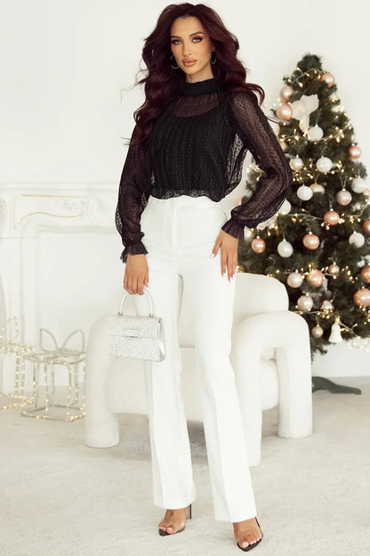 cami and Lace Sheer Mock Neck Long Sleeve Blouse - Eva's Edition