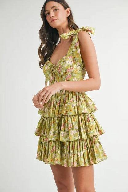 Floral Print Shoulder Tie Layered Mini Dress - Eva's Edition