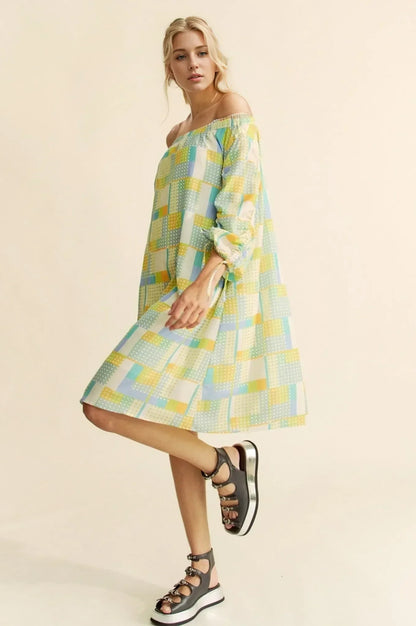 Printed Off Shoulder Drawstring Sleeve Mini Dress - Eva's Edition