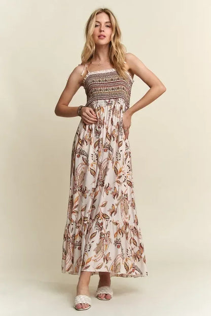 Smocked Printed Square Necktie Shoulder Cami Dress - Eva's Edition