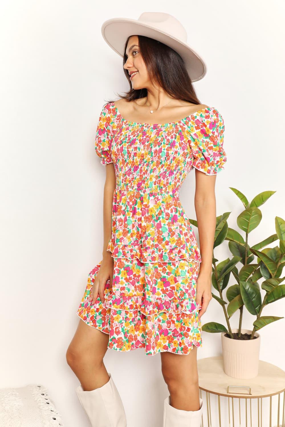 Devine Smocked Sweetheart Neck Flounce Sleeve Mini Dress - Eva's Edition