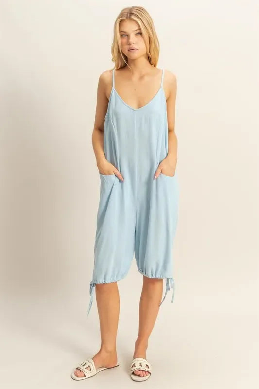 V-Neck Pocket Detail Side Tie Hem Romper - Eva's Edition