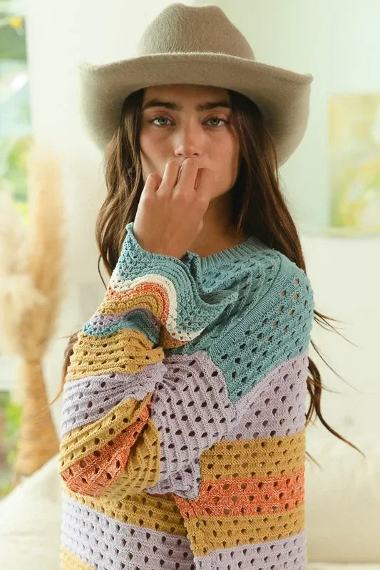 Openwork Contrast Round Neck Sweater - Eva's Edition