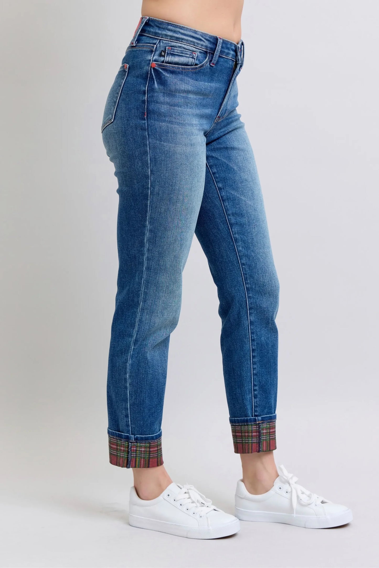 Plaid Print Cuff Bf Jeans Plus Size - Eva's Edition