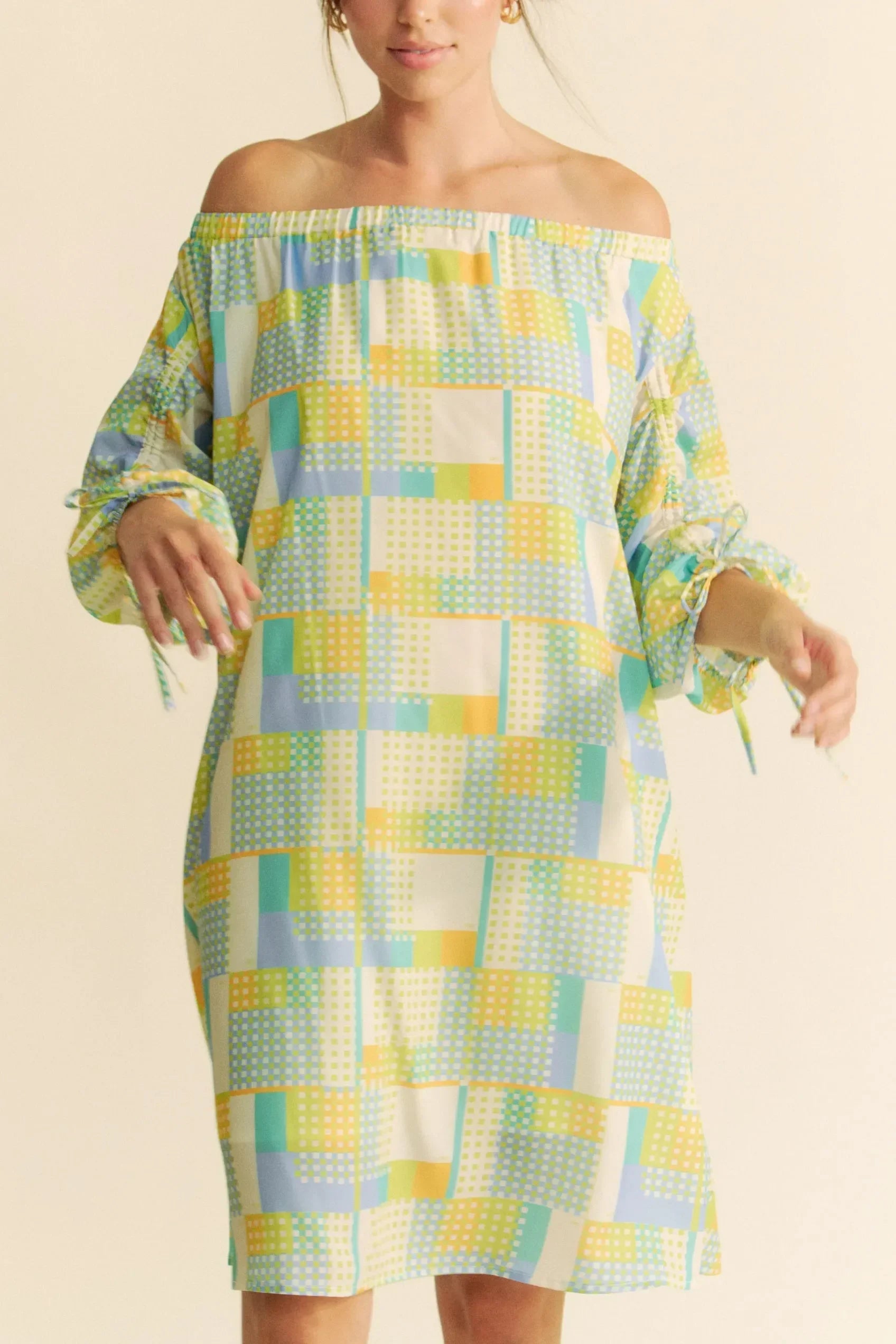 Printed Off Shoulder Drawstring Sleeve Mini Dress - Eva's Edition