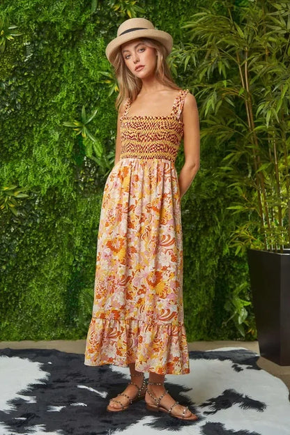 Multi Smocked Bodice Geo Ruffle Strappy Midi Dress - Eva's Edition