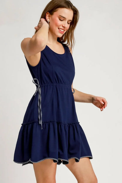 Frill Drawstring Waist Round Neck Mini Tank Dress - Eva's Edition