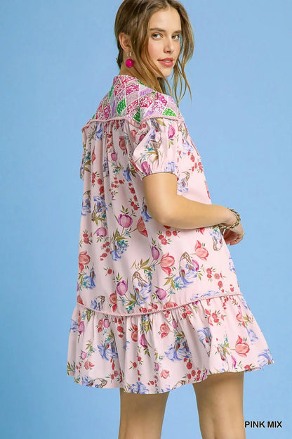 Floral Print Tie Neck Puff Sleeve Dress - Eva's Edition