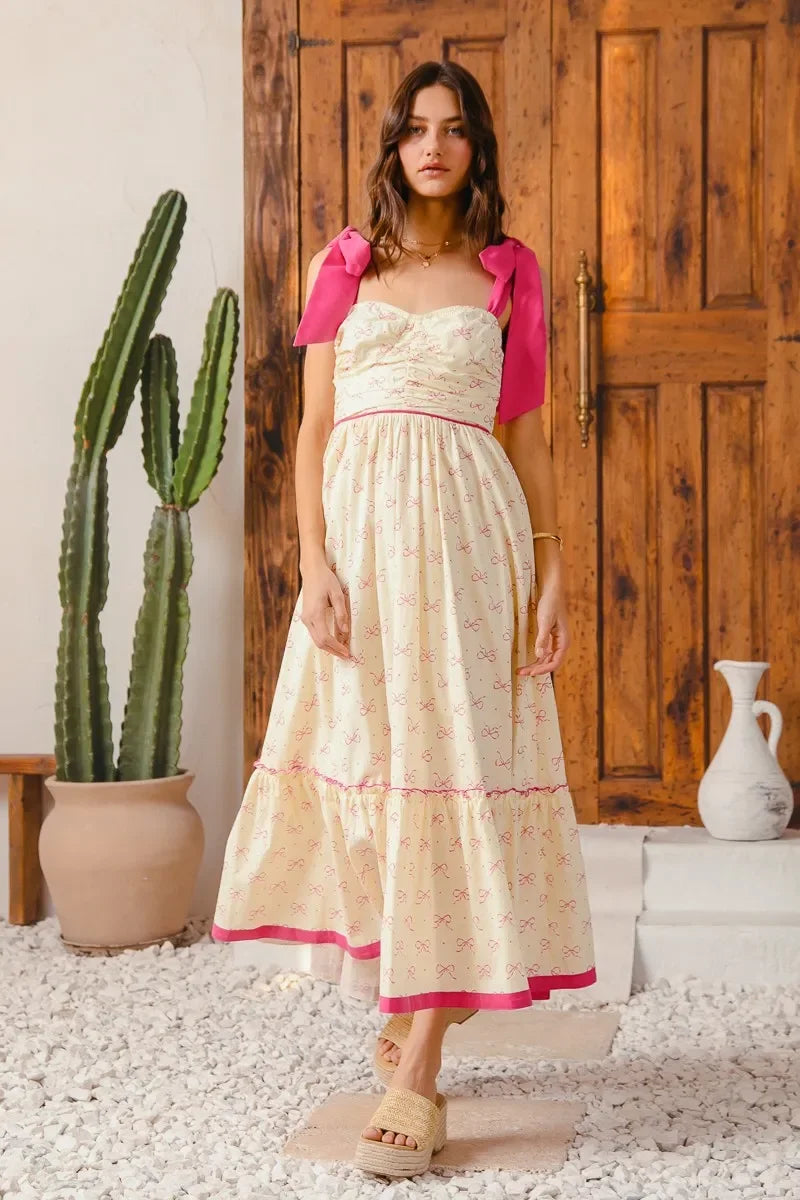 Ribbon Flowy Maxi Dress with Contrast Trim - Eva's Edition