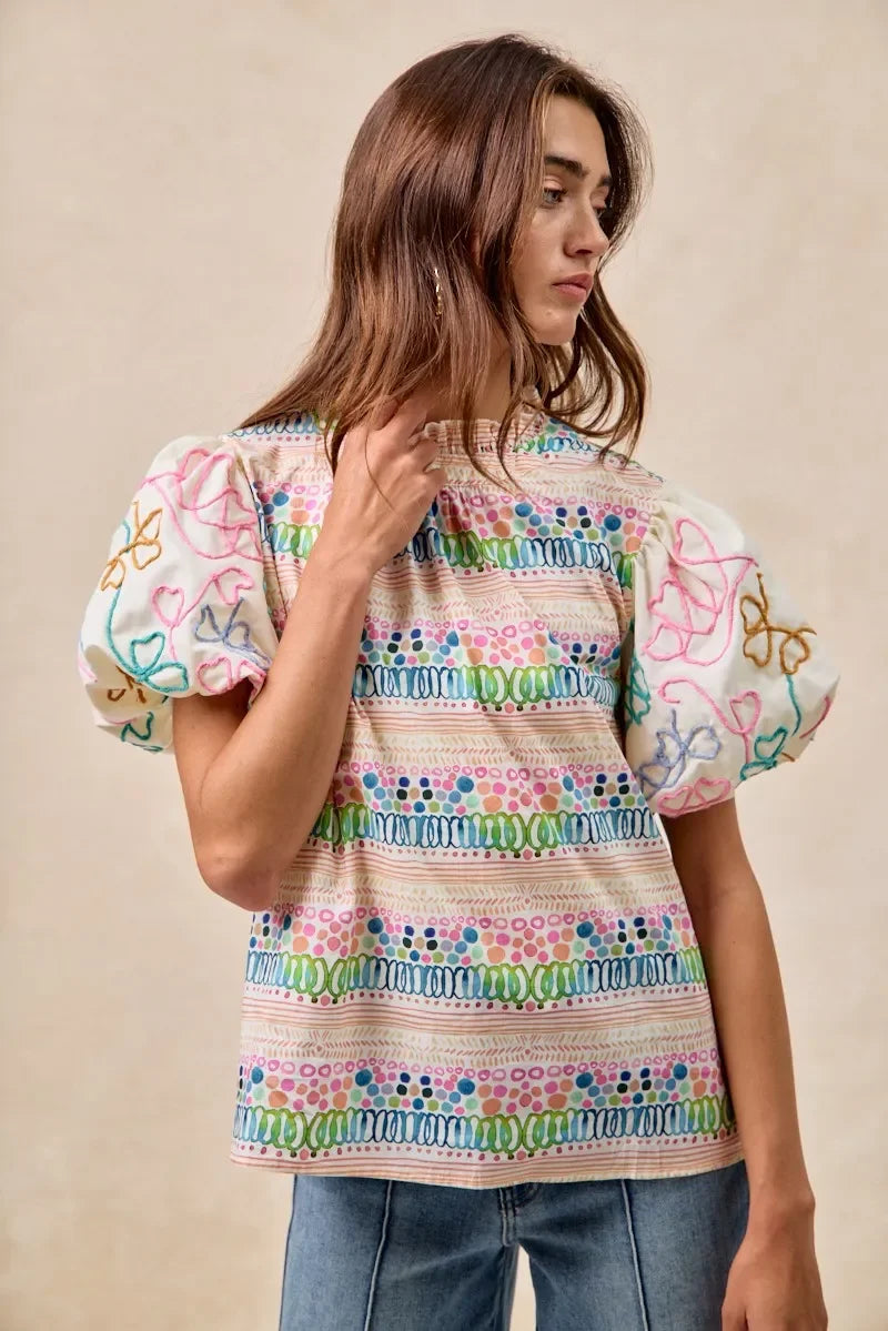 Ruffle Neckline Blouse with Embroidery Bubble Sleeve - Eva's Edition