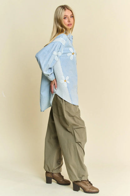 Lightweight Washed Daisy Patch Waffle Knit Shirt - Eva's Edition