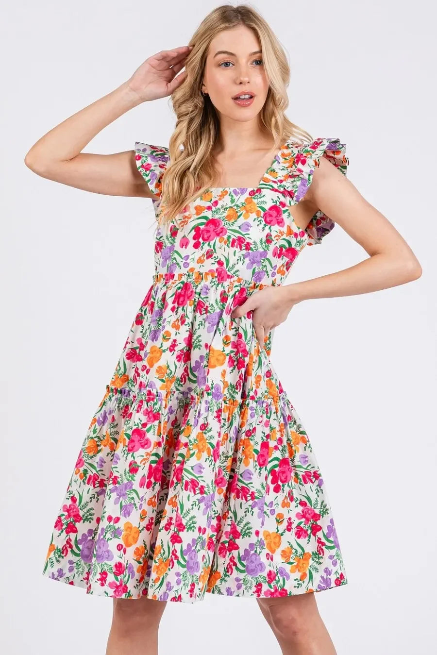 Flower Print Ruffle Shoulder A-line Mini Dress - Eva's Edition