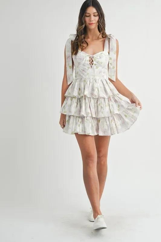 Floral Print Shoulder Tie Layered Mini Dress - Eva's Edition