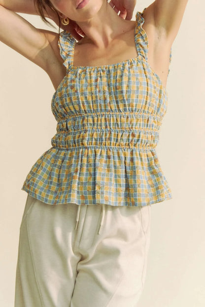 Plaid Ruffled Strap Smocked Sleeveless Top - Eva's Edition