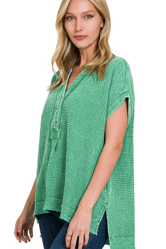 Double Gauze 3/4 Button Henley Neck Shirt - Eva's Edition