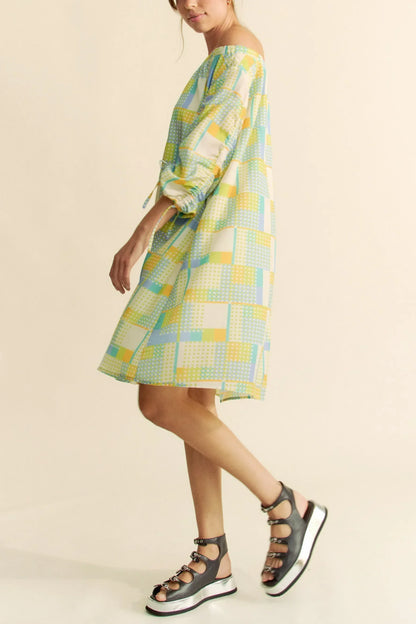 Printed Off Shoulder Drawstring Sleeve Mini Dress - Eva's Edition