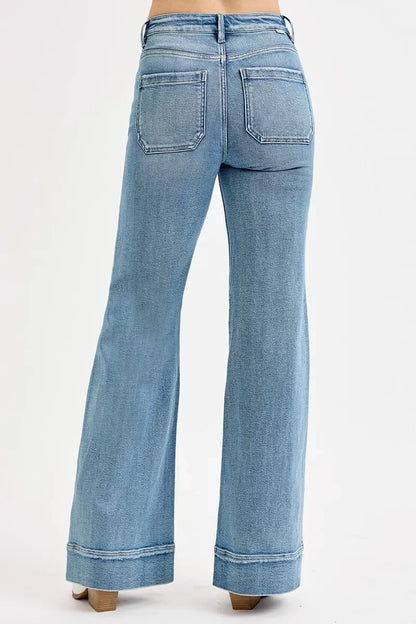 High Rise Wide Flare Patch Pocket Jeans Plus Size - Eva's Edition