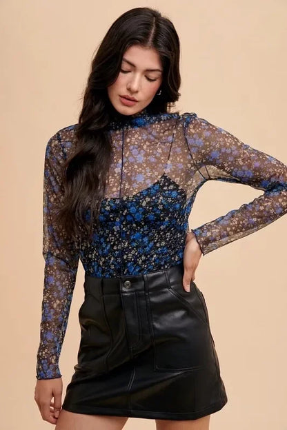 Annie Wear Floral Lettuce Hem Sheer Mesh Top - Eva's Edition