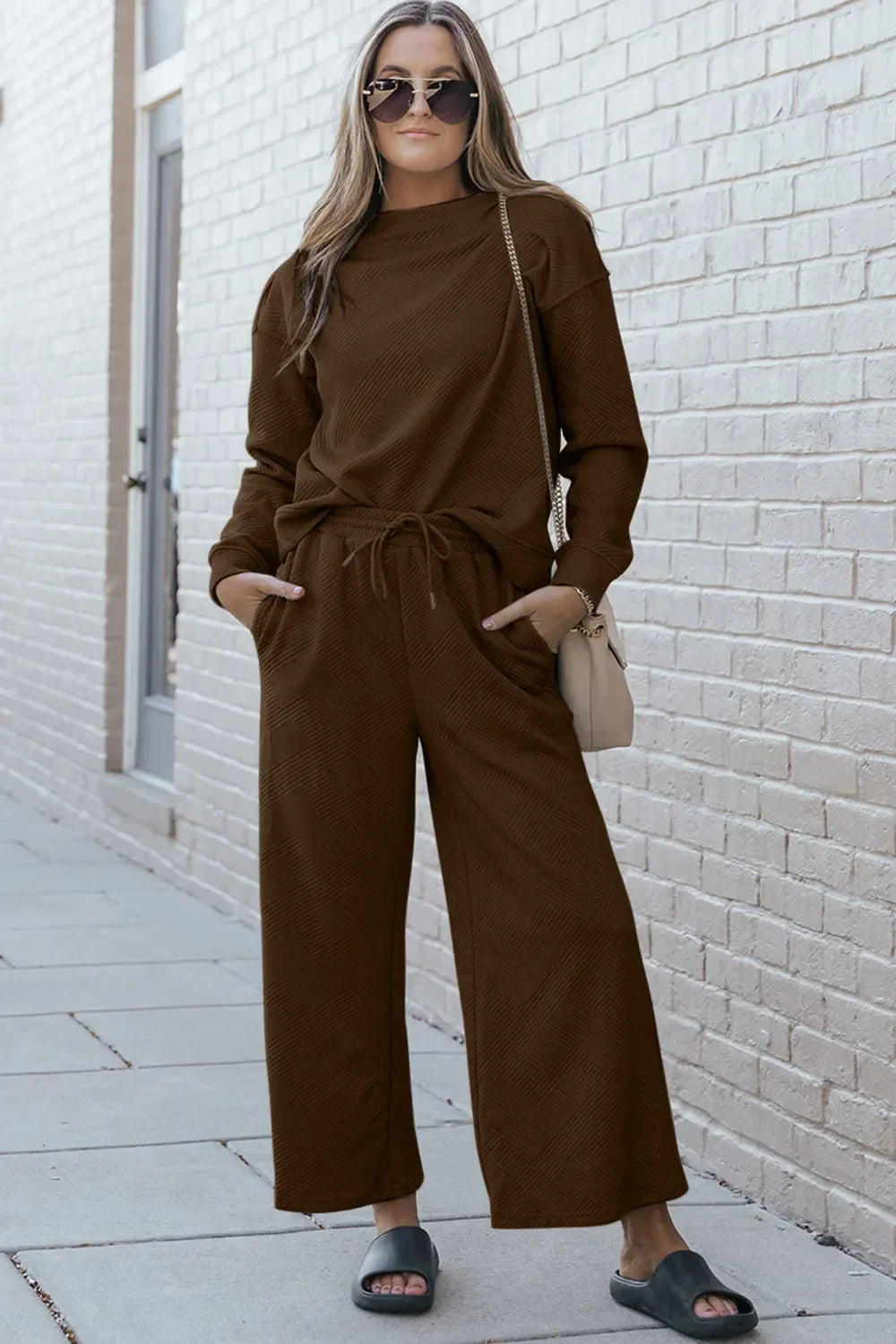 Textured Long Sleeve Top and Drawstring Pants Set - Eva's Edition