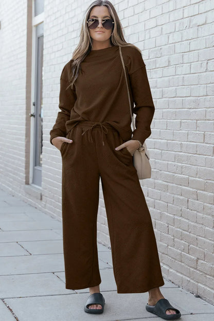 Textured Long Sleeve Top and Drawstring Pants Set - Eva's Edition
