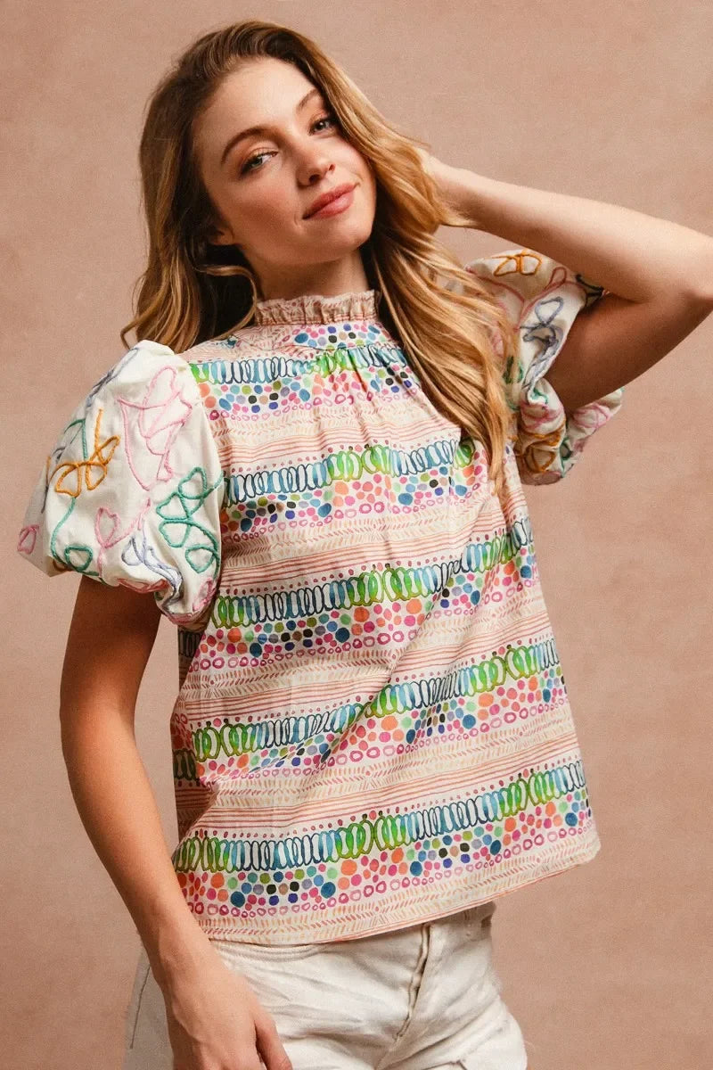 Ruffle Neckline Blouse with Embroidery Bubble Sleeve - Eva's Edition