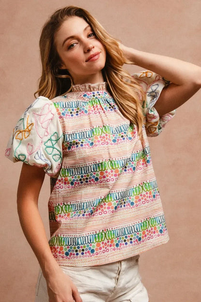 Ruffle Neckline Blouse with Embroidery Bubble Sleeve - Eva's Edition