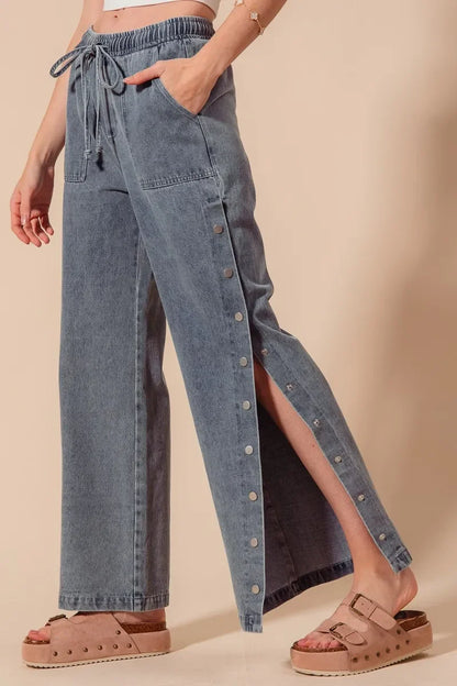Mid Rise Drawstring Jeans with Side Snap Button - Eva's Edition