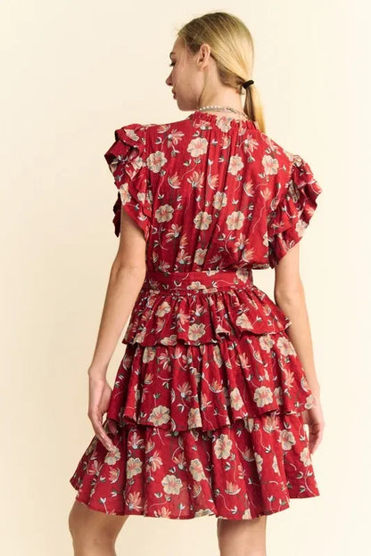 Ruffle Flutter Sleeve Tie Belt Tiered Mini Dress - Eva's Edition