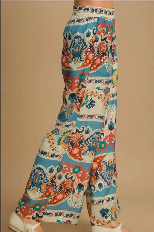 Wide Leg Border Print Pants Plus Size - Eva's Edition