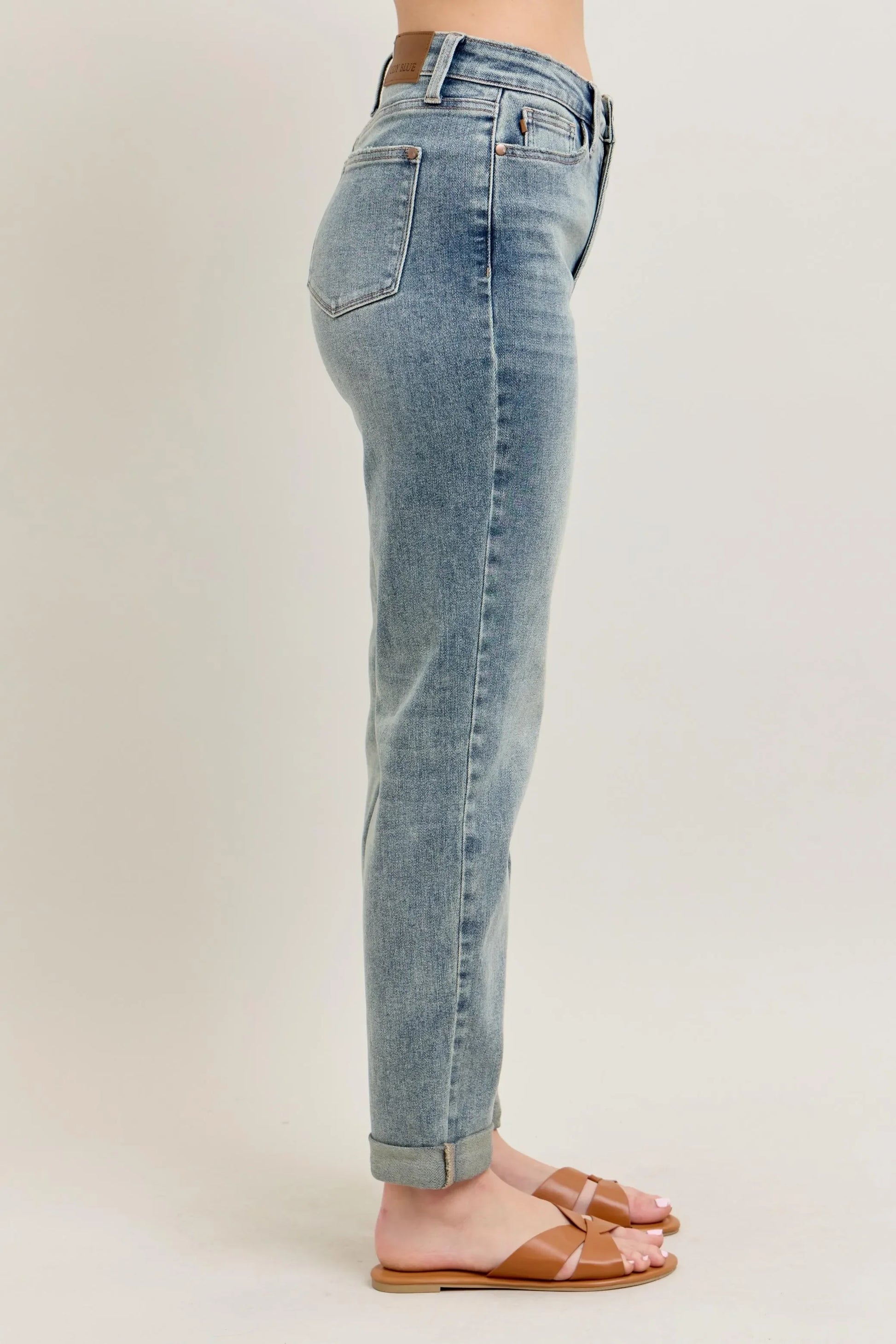 Vintage Wash Double Roll Cuff Bf Jeans Plus Size - Eva's Edition