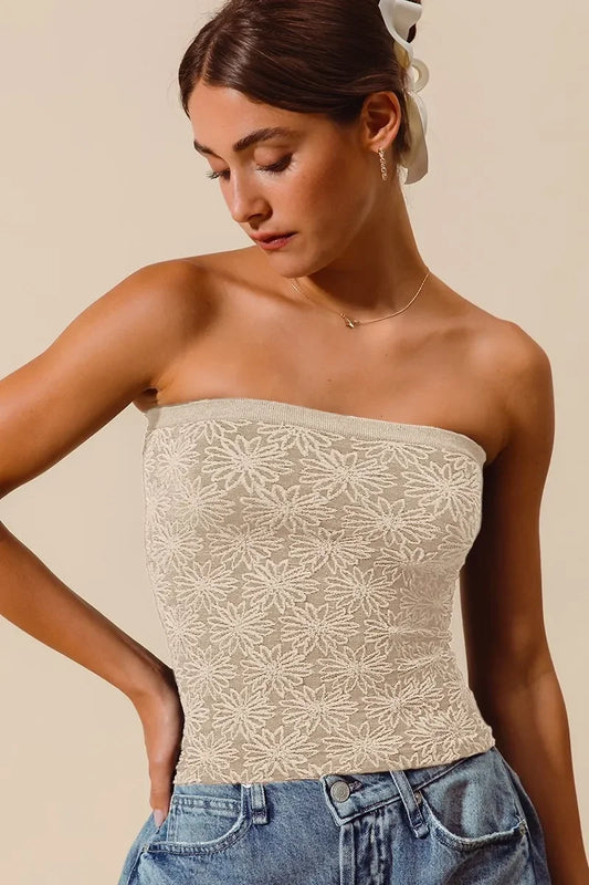 Jacquard Floral Two Tone Seamless Tube Top - Eva's Edition