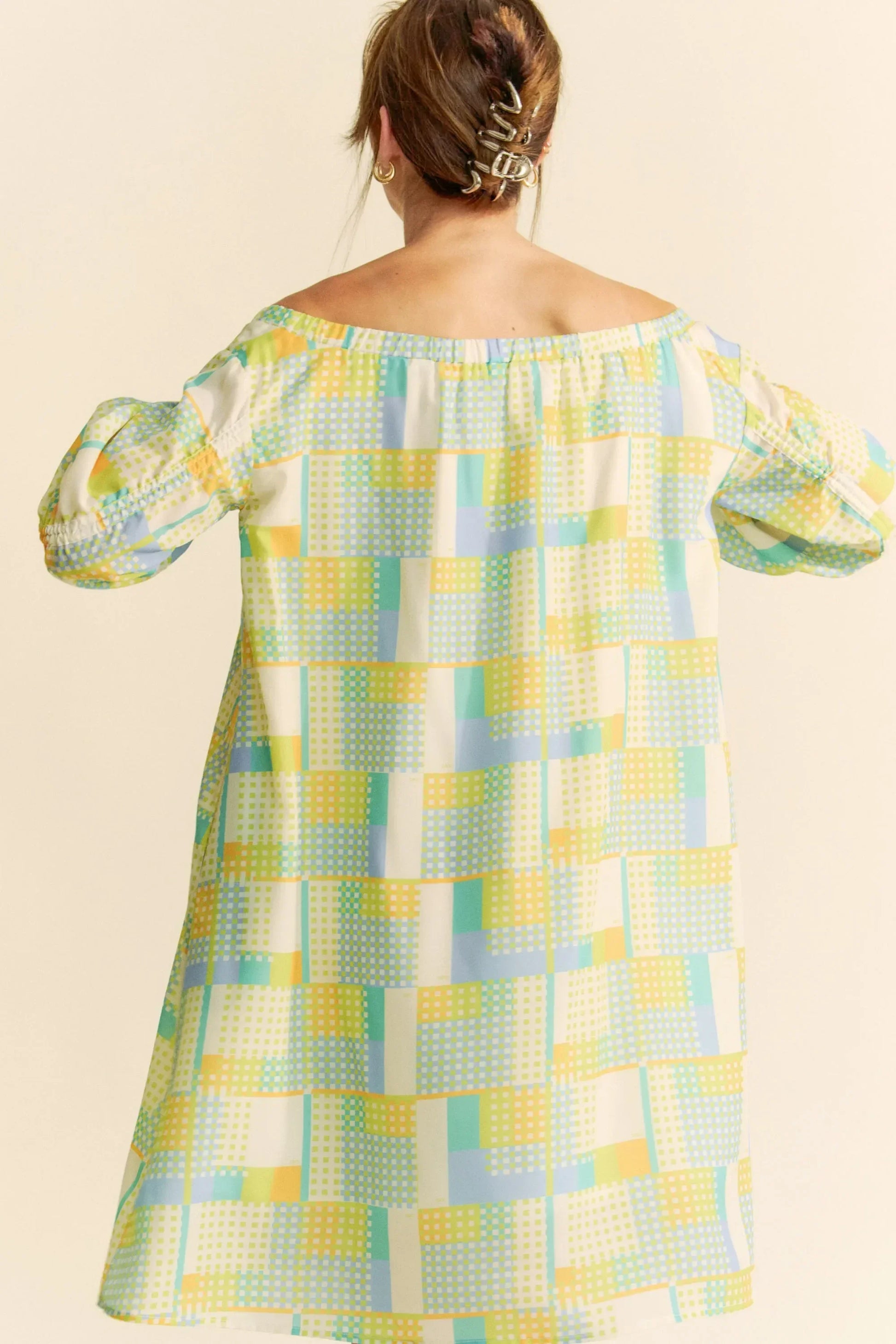 Printed Off Shoulder Drawstring Sleeve Mini Dress - Eva's Edition