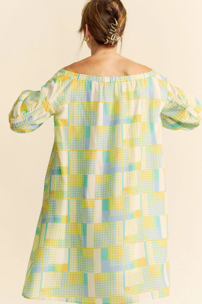Printed Off Shoulder Drawstring Sleeve Mini Dress - Eva's Edition
