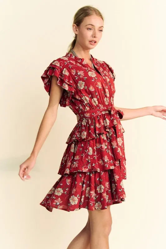 Ruffle Flutter Sleeve Tie Belt Tiered Mini Dress - Eva's Edition