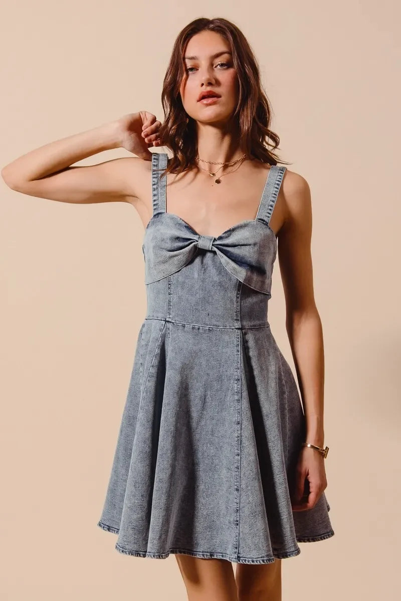 Mineral Washed Bow Ribbon Denim Flare Dress - Eva's Edition