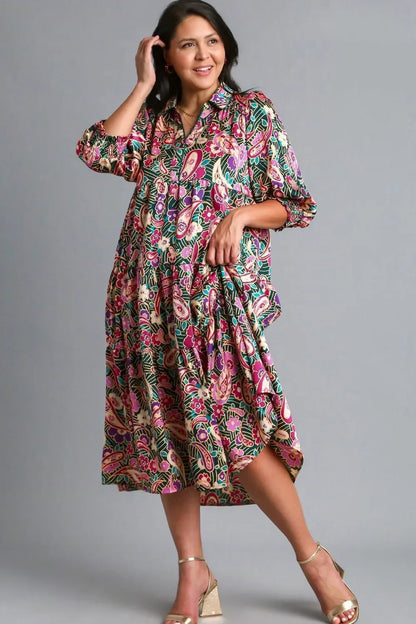 Umgee Full Size Paisley Print Satin Tiered Midi Dress Plus Size - Eva's Edition