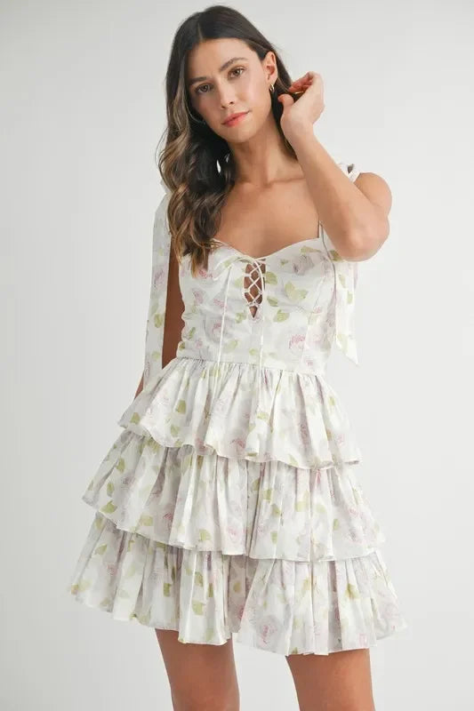Floral Print Shoulder Tie Layered Mini Dress - Eva's Edition