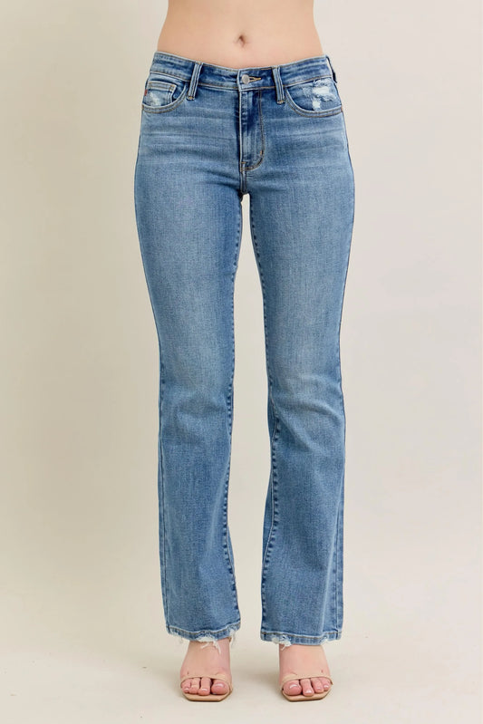Mid Rise Wash Destroy Hem Bootcut Jeans - Eva's Edition
