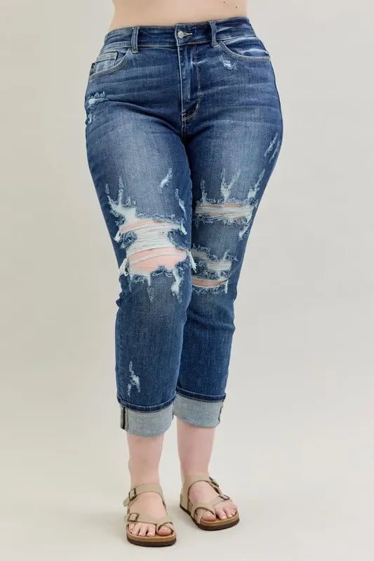 Mid Rise Cuffed Destroy Bf Jeans Plus Size - Eva's Edition