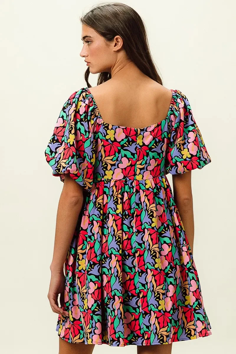 Floral Print Puff Square Neck Dress - Eva's Edition