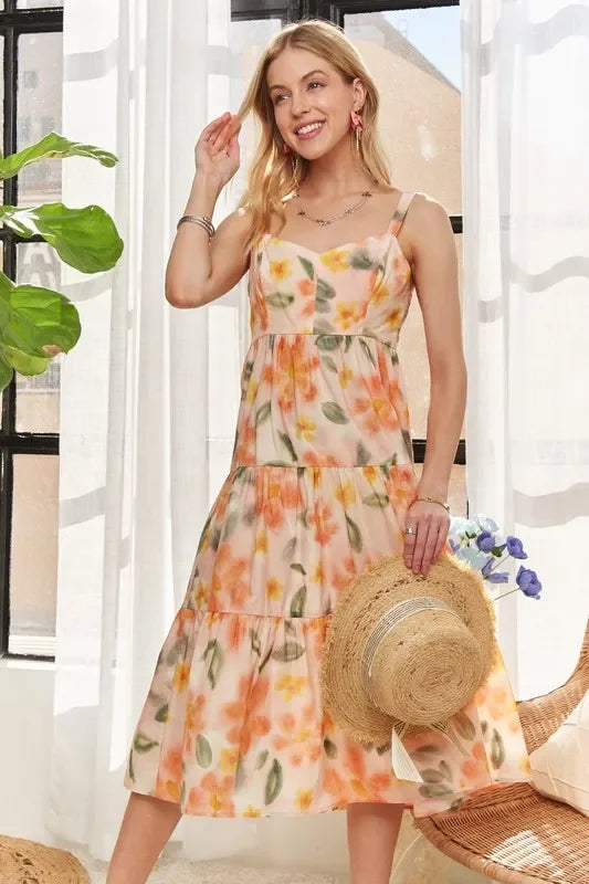 Smocked Back Floral Adjustable Strap Midi Dress - Eva's Edition