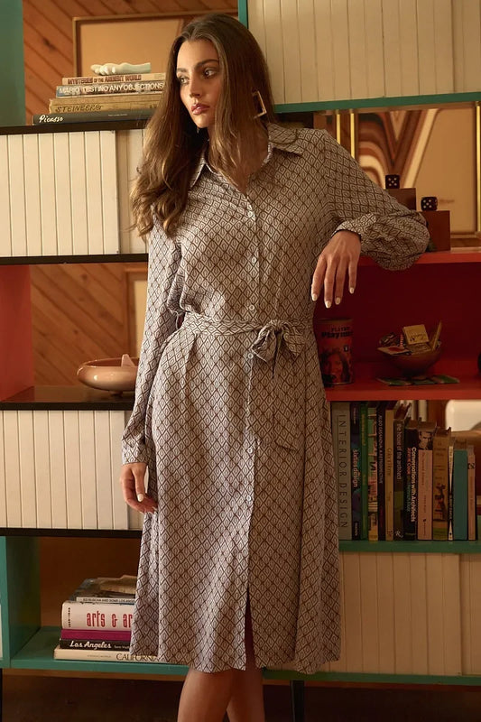 Abstract Print Waist Tie Midi Shirt Dress - Eva's Edition