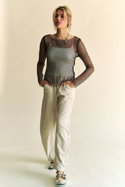 Sparkling Rhinestone Sheer Mesh Round Neck Top - Eva's Edition