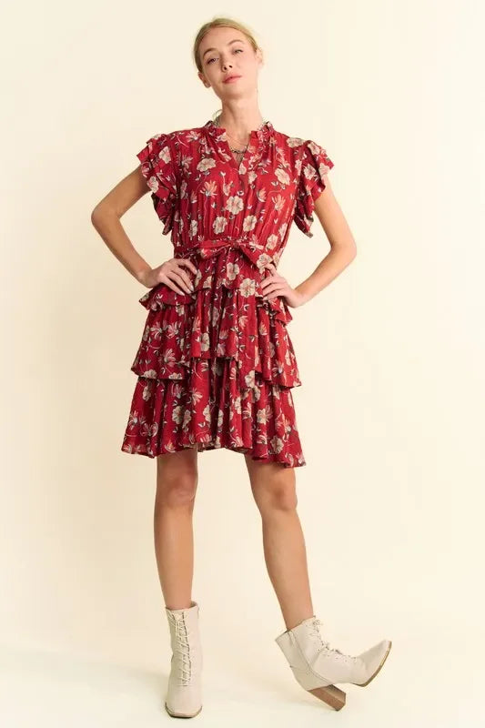 Ruffle Flutter Sleeve Tie Belt Tiered Mini Dress - Eva's Edition