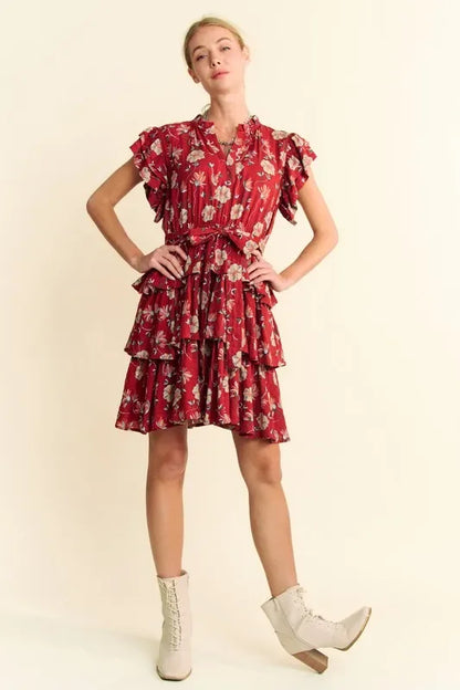 Ruffle Flutter Sleeve Tie Belt Tiered Mini Dress - Eva's Edition
