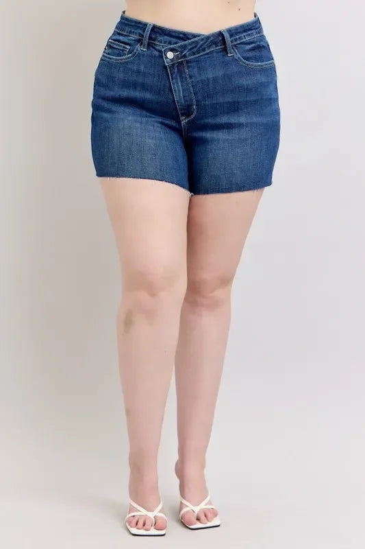 High Waist Criss-Cross Waistband Denim Shorts - Eva's Edition