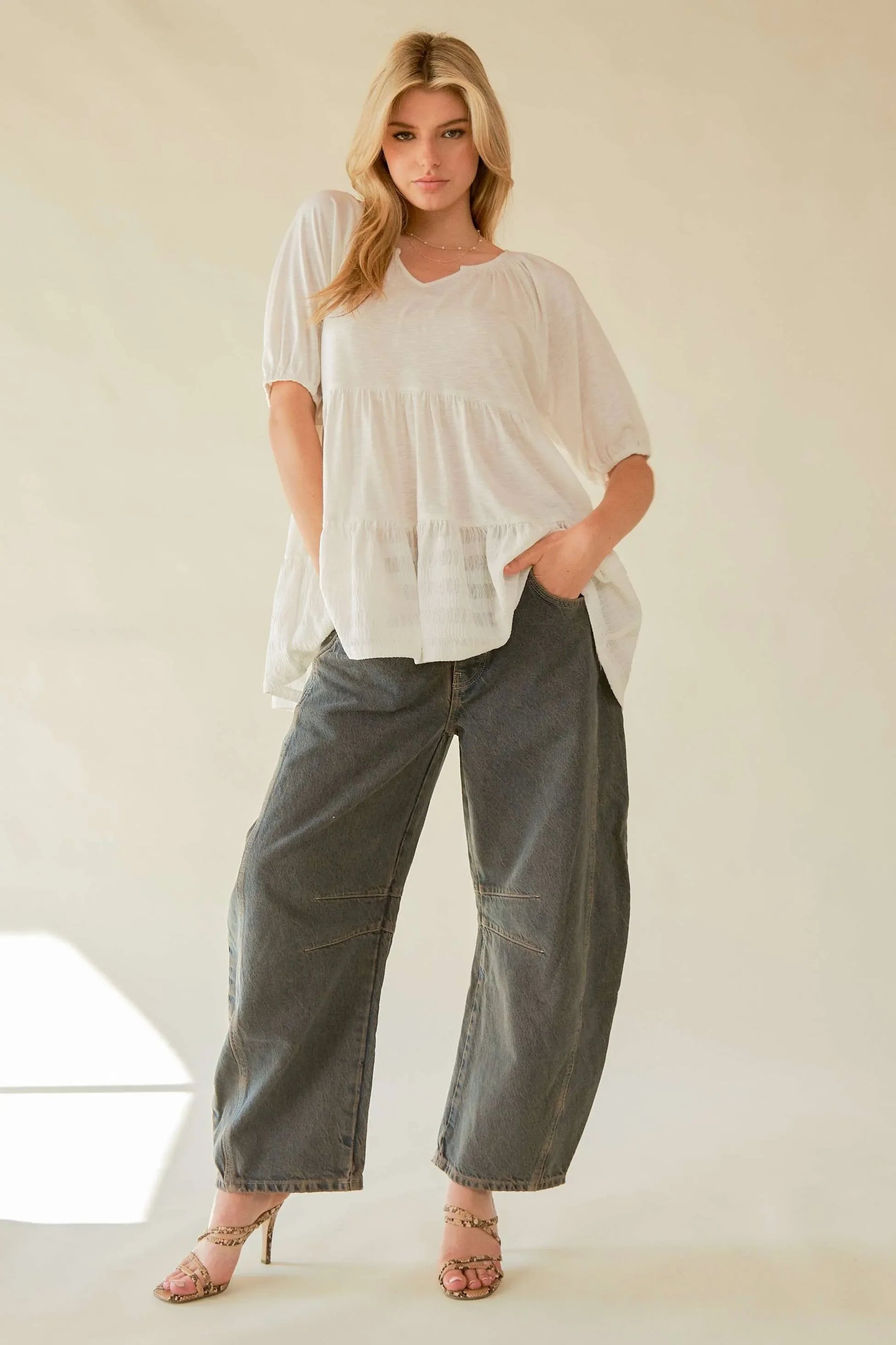 Flared Short Sleeve V Neck Blouse - Eva's Edition