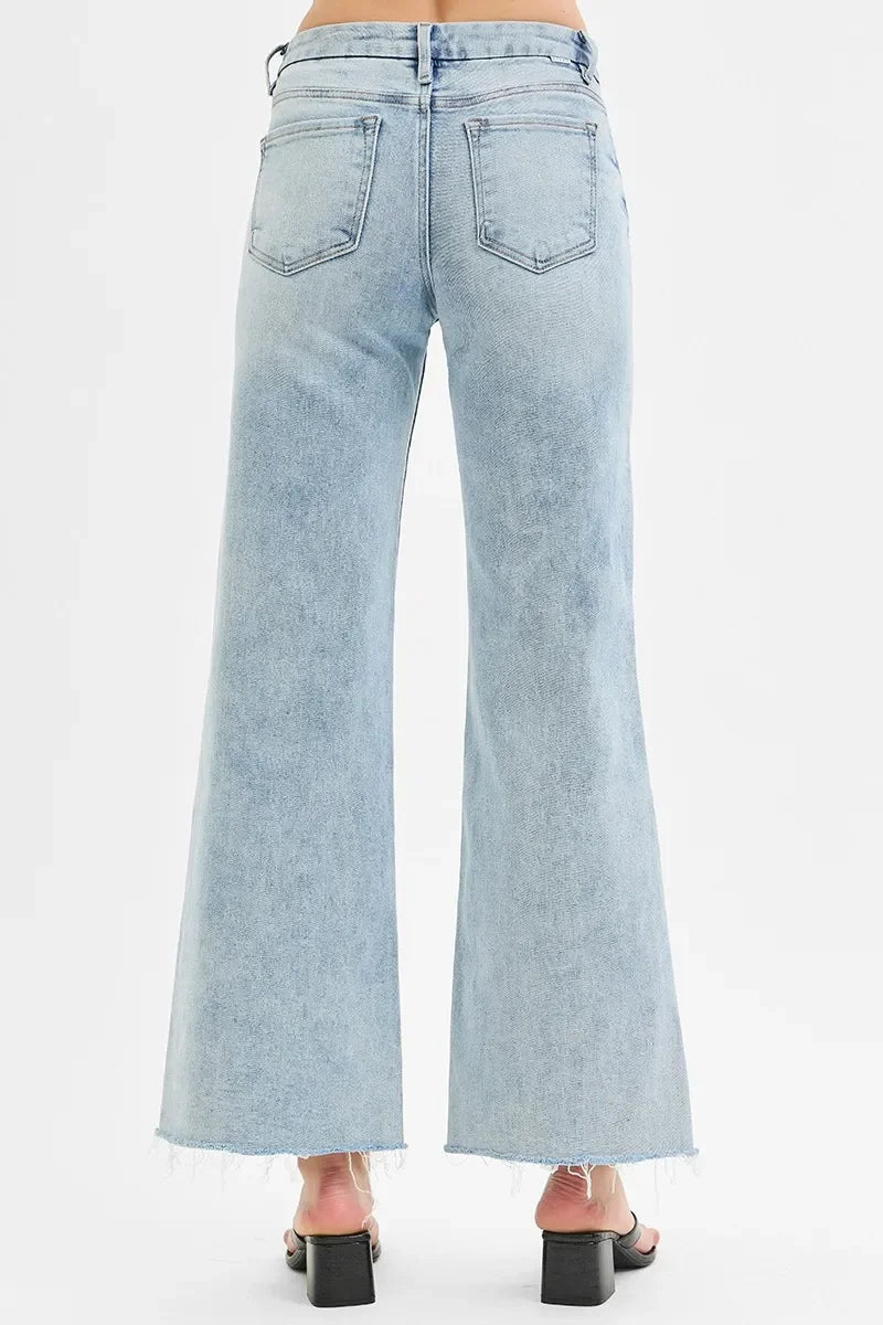 Tummy Control Low Rise Wide Leg Raw Cut Hem Jeans - Eva's Edition