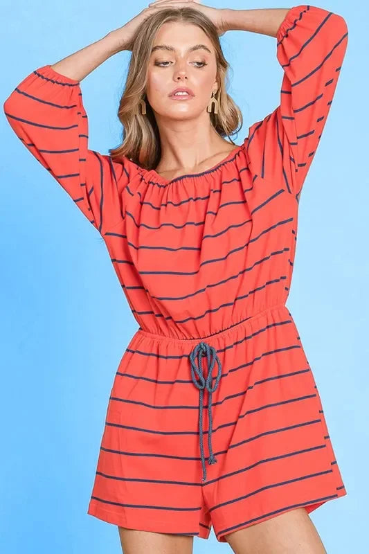 Striped Off-The-Shoulder Quarter Sleeve Romper - Eva's Edition